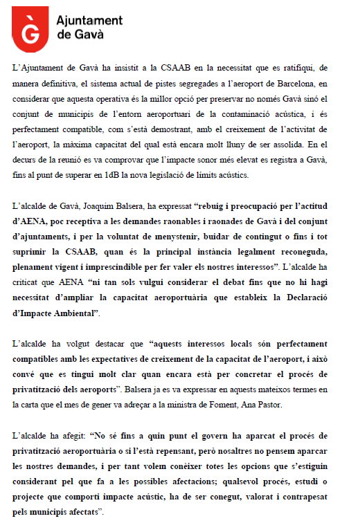 Segona p�gina de la nota de prensa emitida por el Ayuntamiento de Gav� denunciando la intenci�n de AENA de dejar morir la CSAAB del aeropuerto de Barcelona-El Prat (10 Mayo 2012)